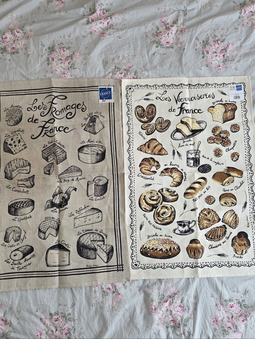 Pair Of Tea Towels Cheese And Bread Made In France Torchons & Bouchons NWT Linen